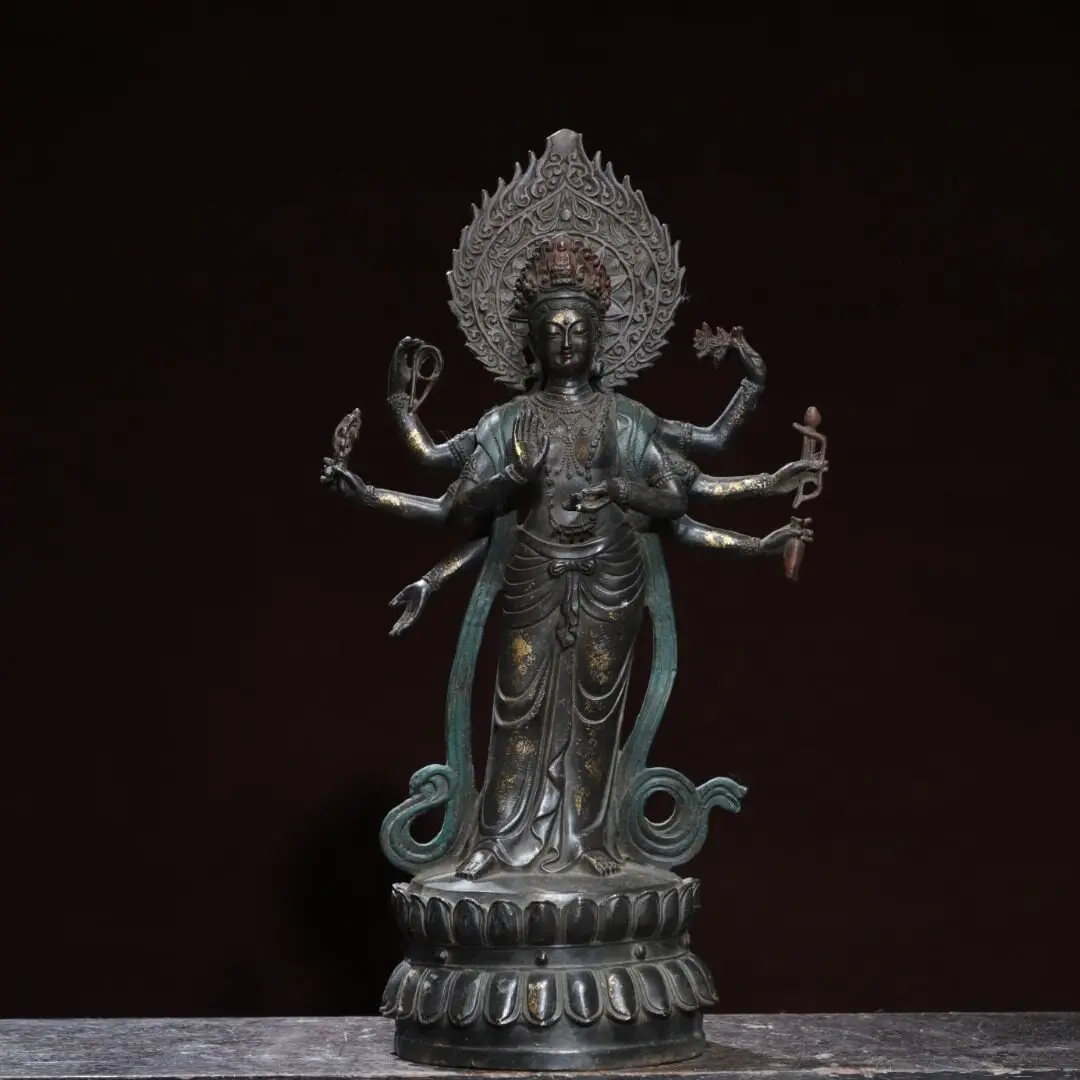 Antique Brass Gold Eight Arms Avalokiteshvara Standing Buddha Statue Home Altar Figurine Vintage