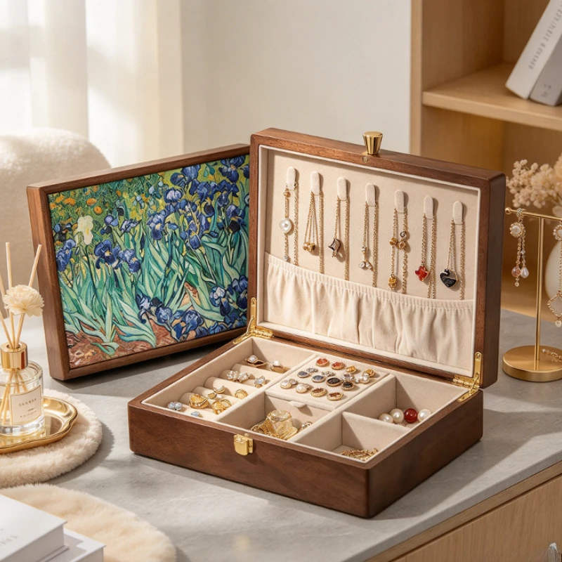 Solid Wood Jewelry Box Large Capacity Magnetic Closure Hidden Earring Panel Organizer for Gold Rings Wedding Gift Storage