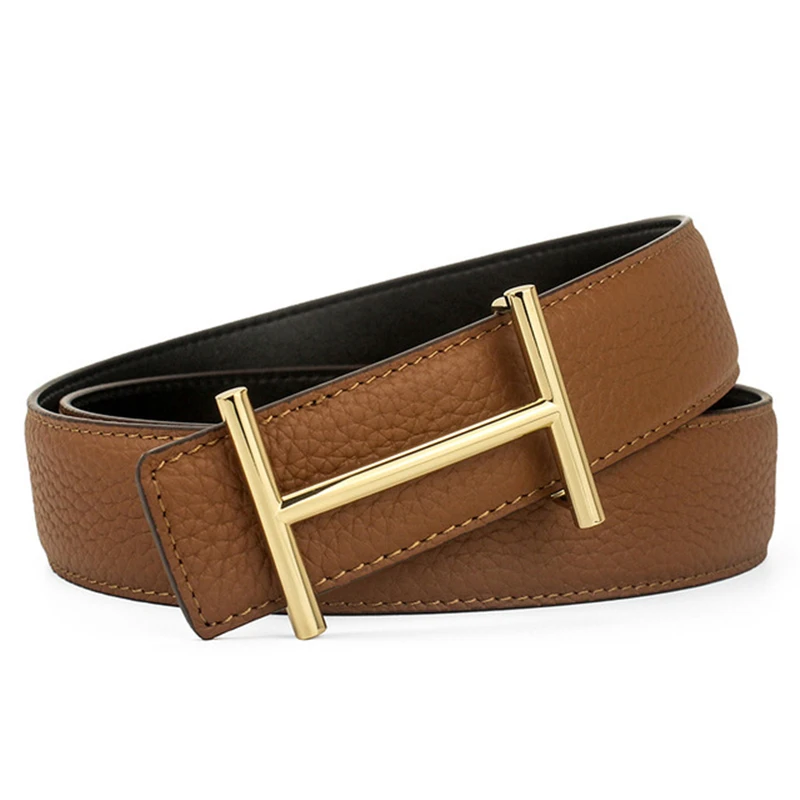 Width 3.4cm Genuine Leather Business Belt Cowboy Waistband Men Fashion Litchi Stria Buckle Belts,with Letter \