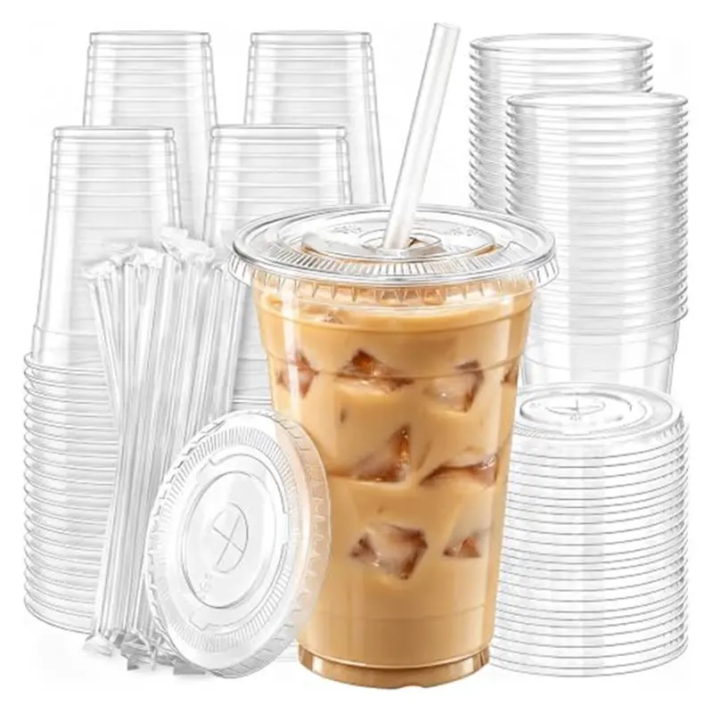 VEHO-Plastic Cups With Lids, Straws BPA-Free Leak-Resistant For Iced Coffee, Smoothie, Juice