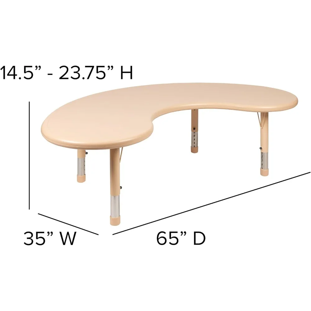 Table d'activité réglable en plastique naturel demi-lune, table d'école pour 8, 35 "Wx65 L