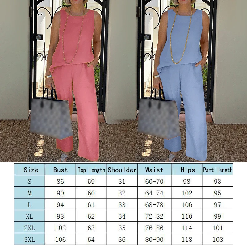 Sleeveless Cotton Linen Women\'s Tracksuit Suit O-Neck Vest Wide-Leg Loose Pants Set Casual Elegant Ladies 2 Piece Solid Set