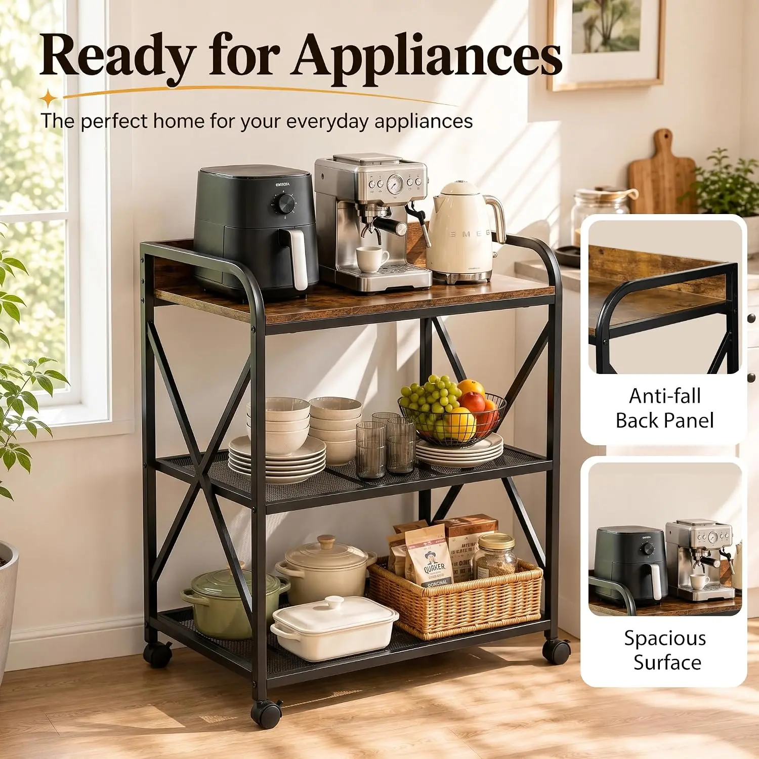 Rolling Kitchen Microwave Cart, 3 Tier Microwave Table Stand with Storage, Kitchen Utility Carts on Lockable Wheels, Small Coffe