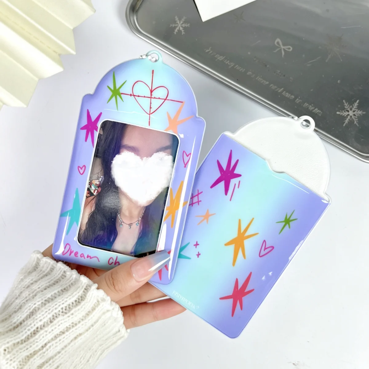 1Pc Y2K Gradient Blue Card Holder, Hand-Painted Heart and Star Prints, Idol Fan 3inch Photo Card Protector, Hunter Idolme, Suitable for 3-3.5inch Polaroid Photo Cards, Idol Album Card Storage, a Must-Have for Idol Fans