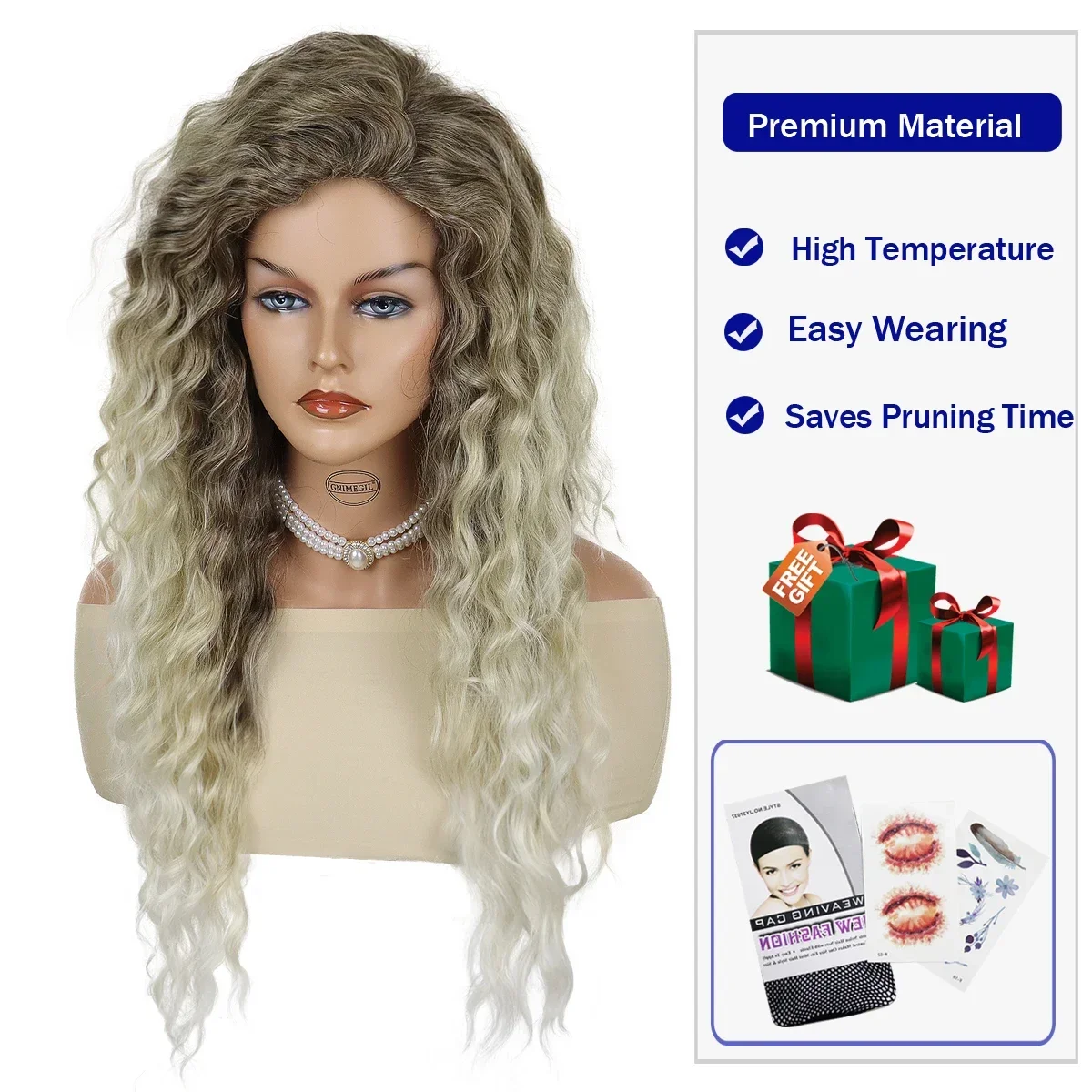 GNIMEGIL Synthetic Fiber Long Curly Ombre Wigs for Women Free Part Bangs Wig Natural Blonde Costume Wig Cosplay Fluffy Hair Girl