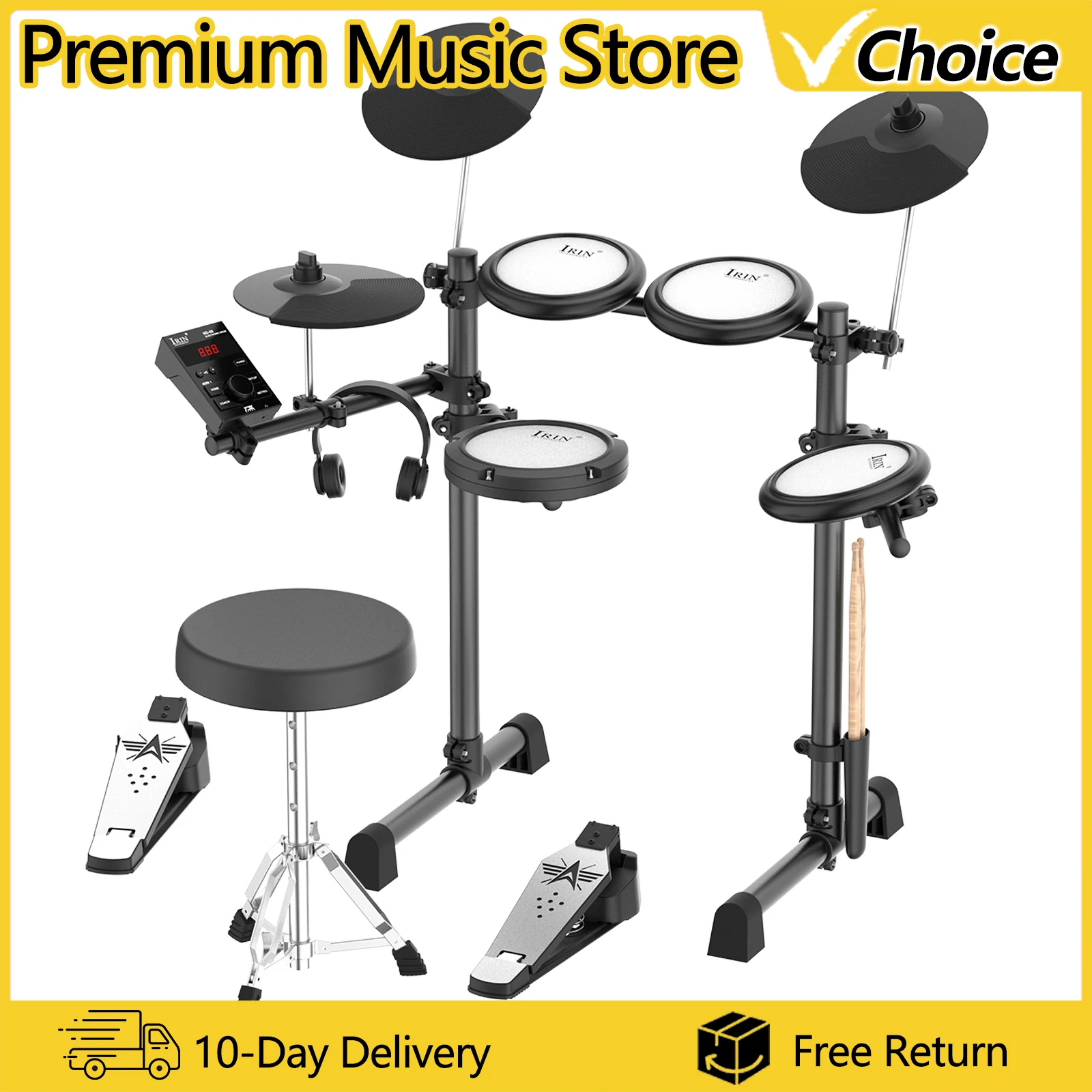 

IRIN Electric Drum Set ND-08 Convenient 5 Drum 3 Cymbal Silicone Drum Kit 300 Sounds with BT and USB MIDI Connection Headphone
