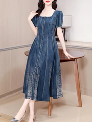 TIYIHAILEY-Long Mid-Calf Short Sleeve Denim Dress, Chinese Style Embroidery, Square Collar Dresses, New Fashion, M-4XL