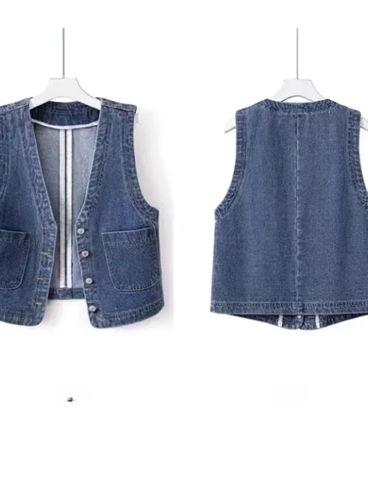 

Retro Hong Kong Sle Denim Vest ort Women's Slim Fit Casual V-Ne Outerwear oulder Pad Spring Autumn New Model