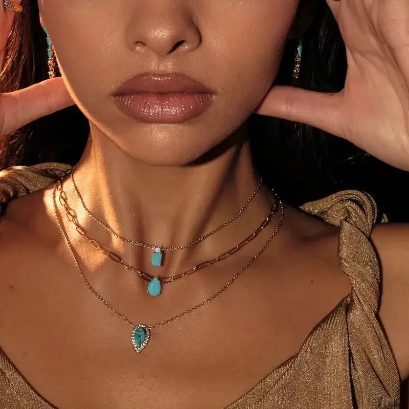

2025 NEW arrived water drop turquoise necklace Zircon Clavicle Chain Women's Gold Plated Color Preserved fashion jewelry