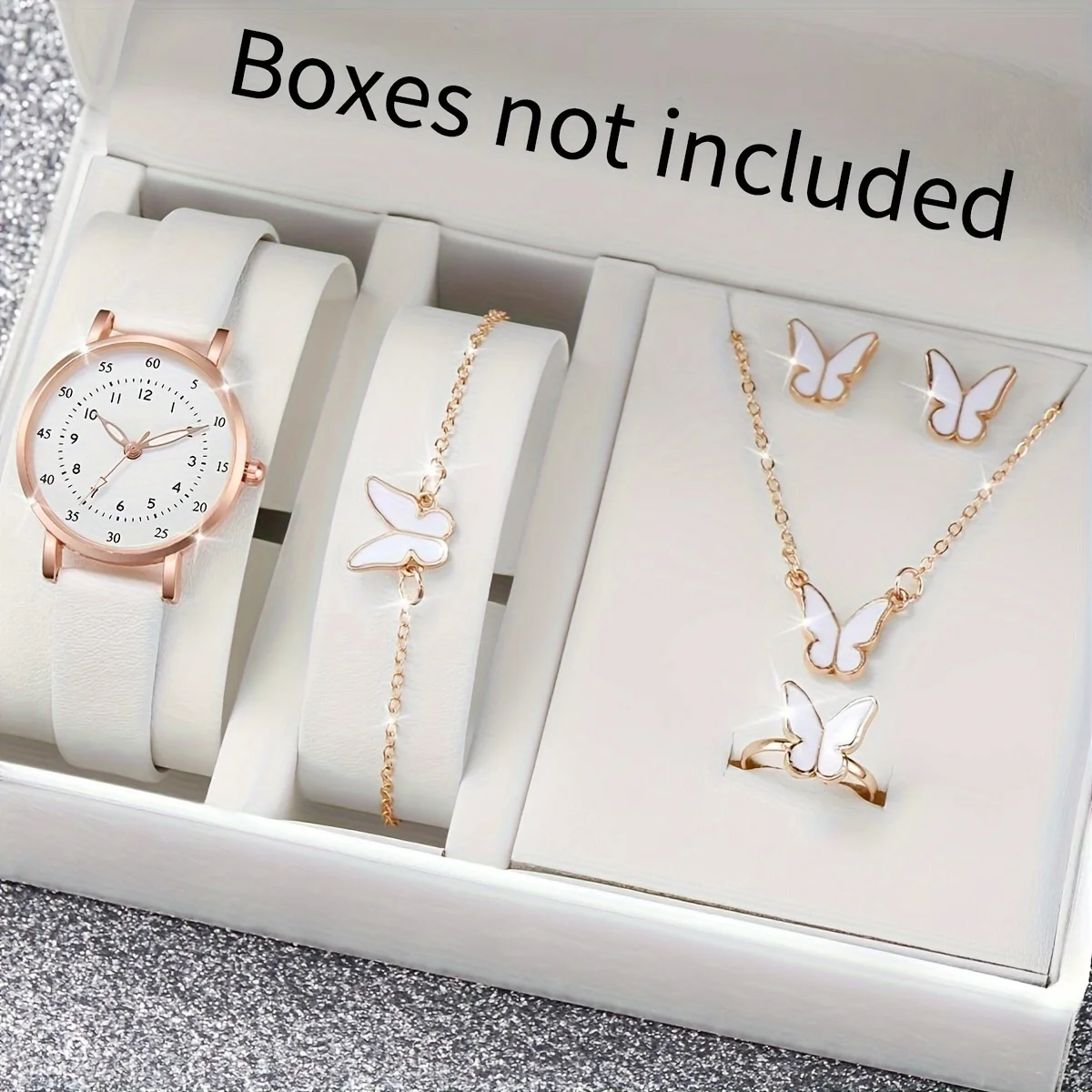 

6pcs/set Women's Watch Casual Round Pointer Quartz Watch Analog PU Leather Wrist Watch & Butterfly Jewelry Set, Gift For Mom Her