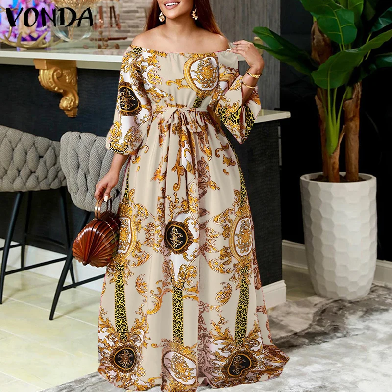 

Платья больших размеров, женское богемное платье макси с принтом, 2025 VONDA, сексуальный сарафан с открытыми плечами и рукавами-фонариками, винтажный халат с поясом