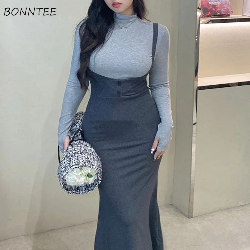 French Vintage Sexy Dress Set Women Elegant High Waist Solid Slip Fishtail Sundress Ladies Simple Long Sleeve Turtleneck Top Ins