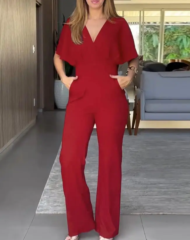 New Women's Clothing for Summer 2025 Elegant Sleeves, V-Neck Off Shoulder Jumpsuit, Casual Pocket Design, Pleated Edge Jumpsuit