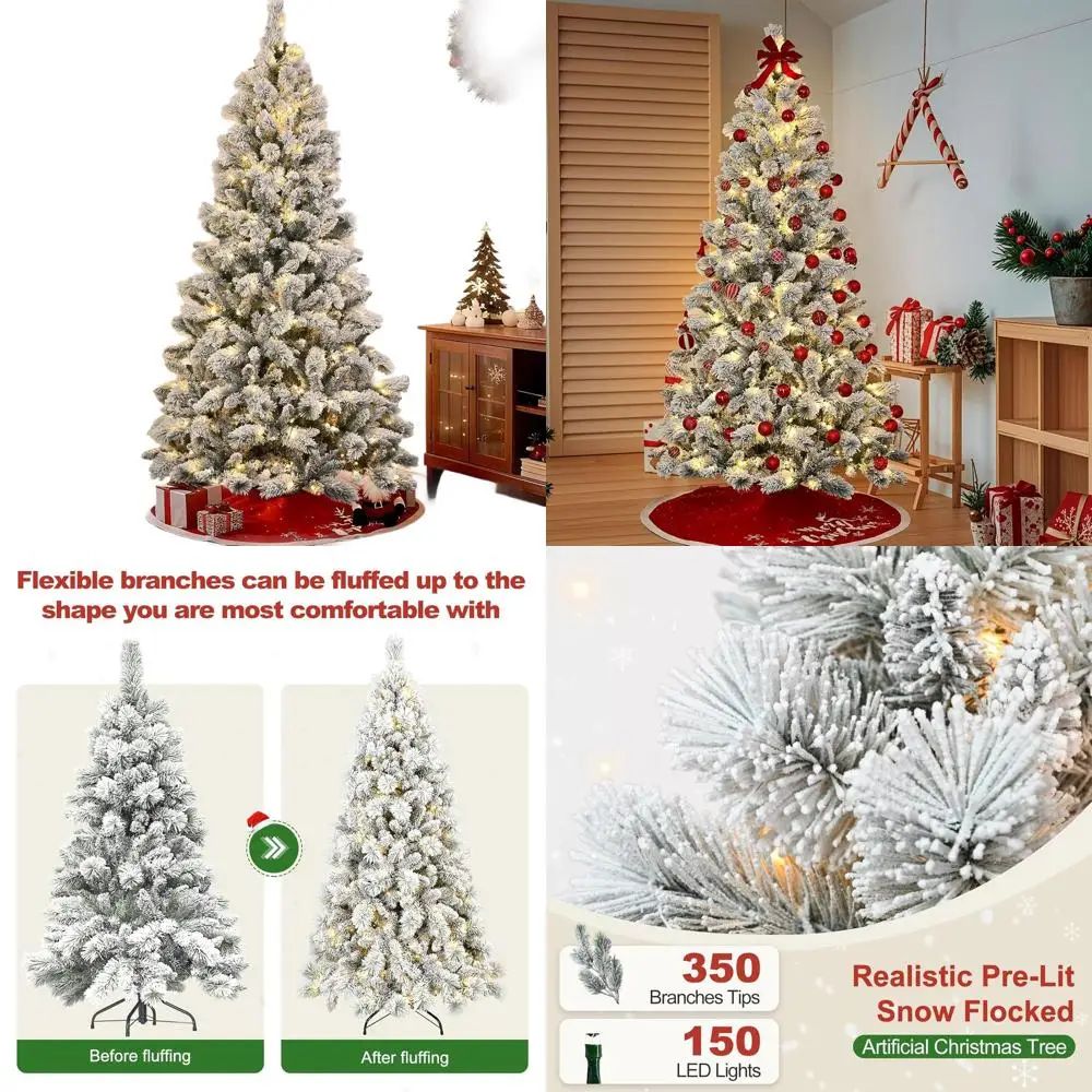

Prelit Snow Flocked Christmas Tree with 150 Warm LED Lights, Premium Artificial Xmas Tree with 350 Branch Tips, Metal Stand for