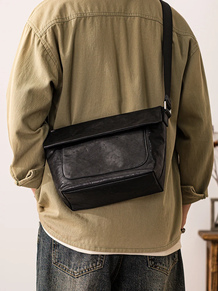 PNDME Casual minimalist designer handmade genuine leather men's messenger bag outdoor commuter first layer cowhide shoulder bag