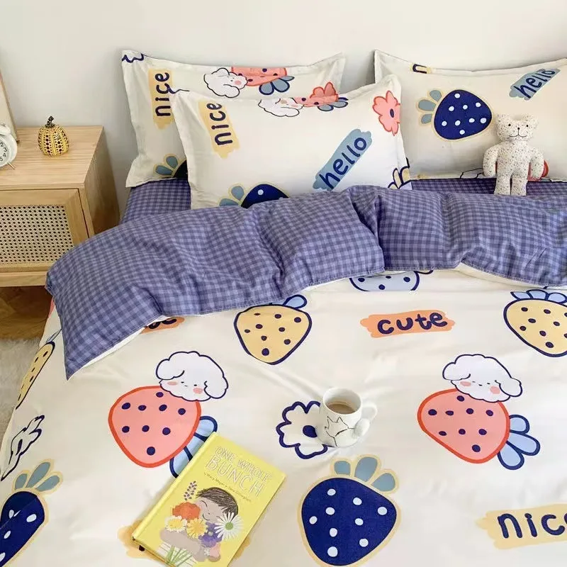 

Ins Nordic style minimalist four piece set washed cotton cartoon duvet set student dormitory bedding three piece set