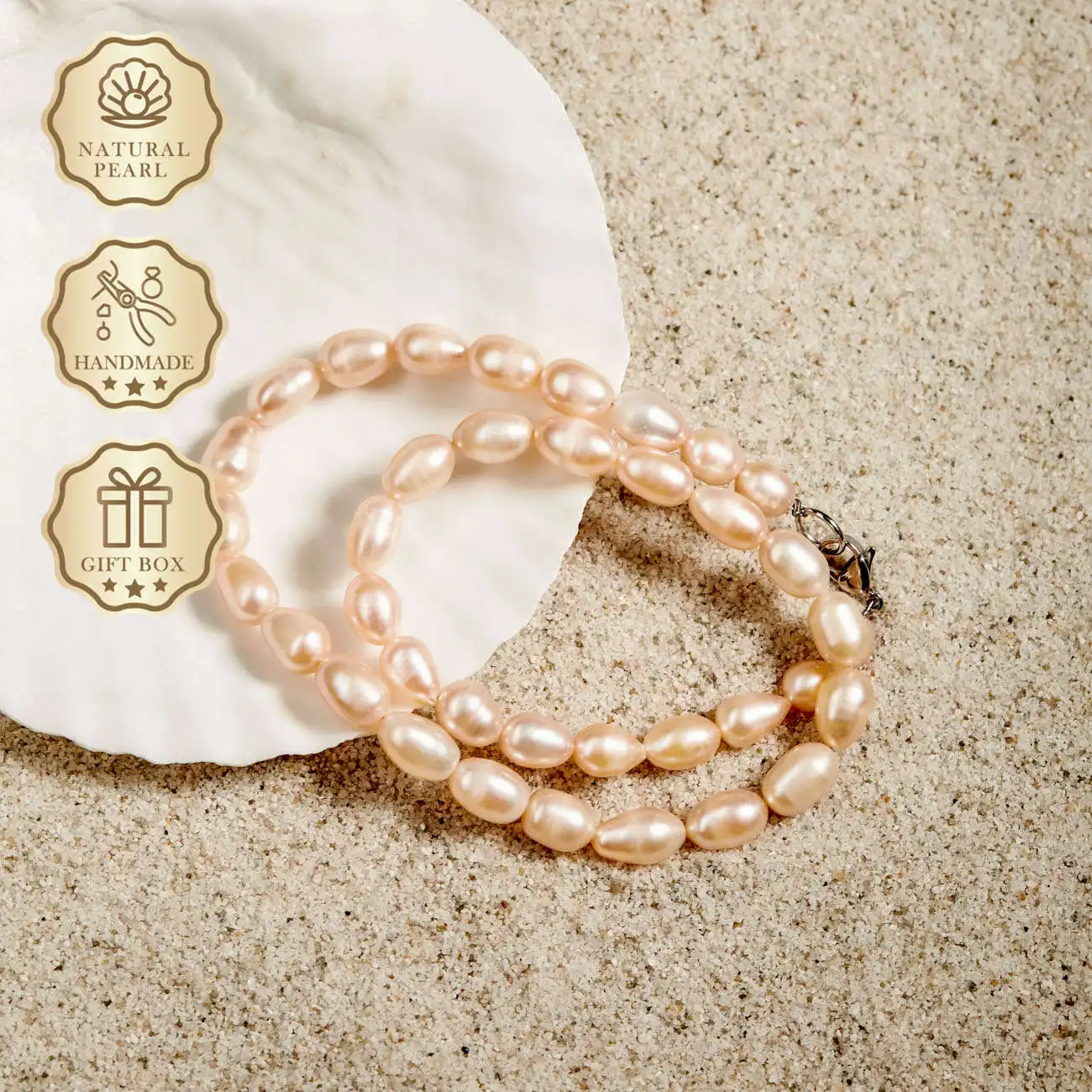 MYSOYA Collana di perle d'acqua dolce di riso rosa da 7-8 mm con chiusura a moschettone in argento, confezione regalo, regalo di compleanno e anniversario