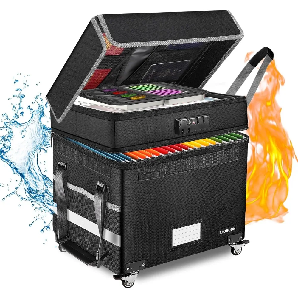 

File Box with Lock, Fireproof Document Box with Wheels, Collapsible File Organizer Box, File Storage Box for Home & Office, Roll