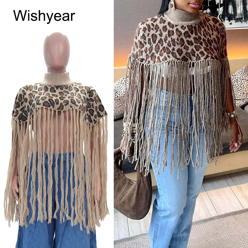 Women's Sexy Leopard Print Spliced Tassel Designer Cloak Top Knit Stand Collar Streetwear Jacket Fashion Birthday Night Clubwear