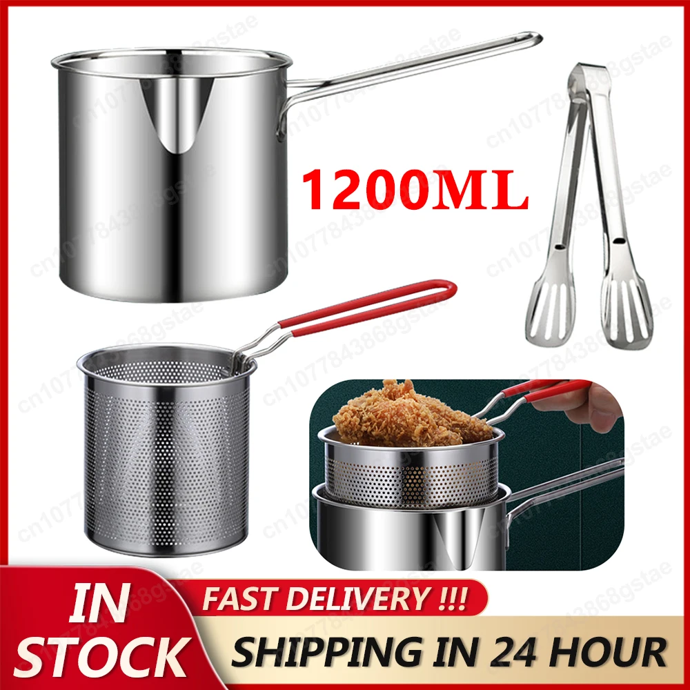 1200ML Kitchen Fryer With Strainer Deep Frying Pot Fry Pot 304 Stainless Steel Tempura Fryer Pan For Fried Chicken Cooking Tools