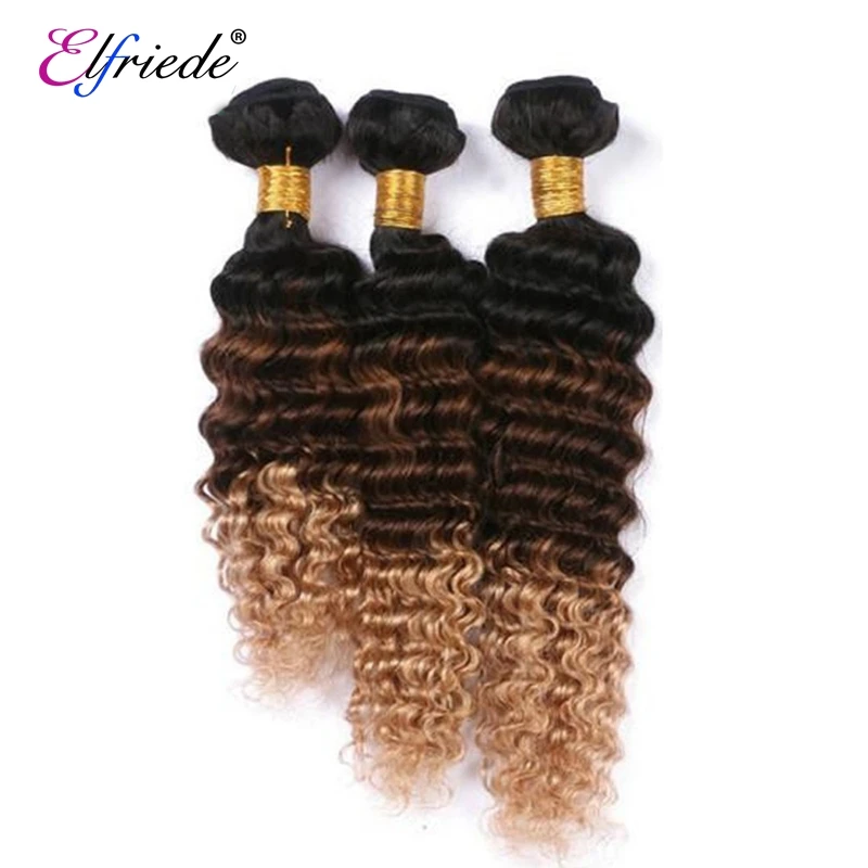 Elfriede-Mèches Deep Wave 4/27 Naturelles Ombrées, Cheveux Humains Tissés avec Dentelle Transparente 13x4, 1B/100%, 3 Lots