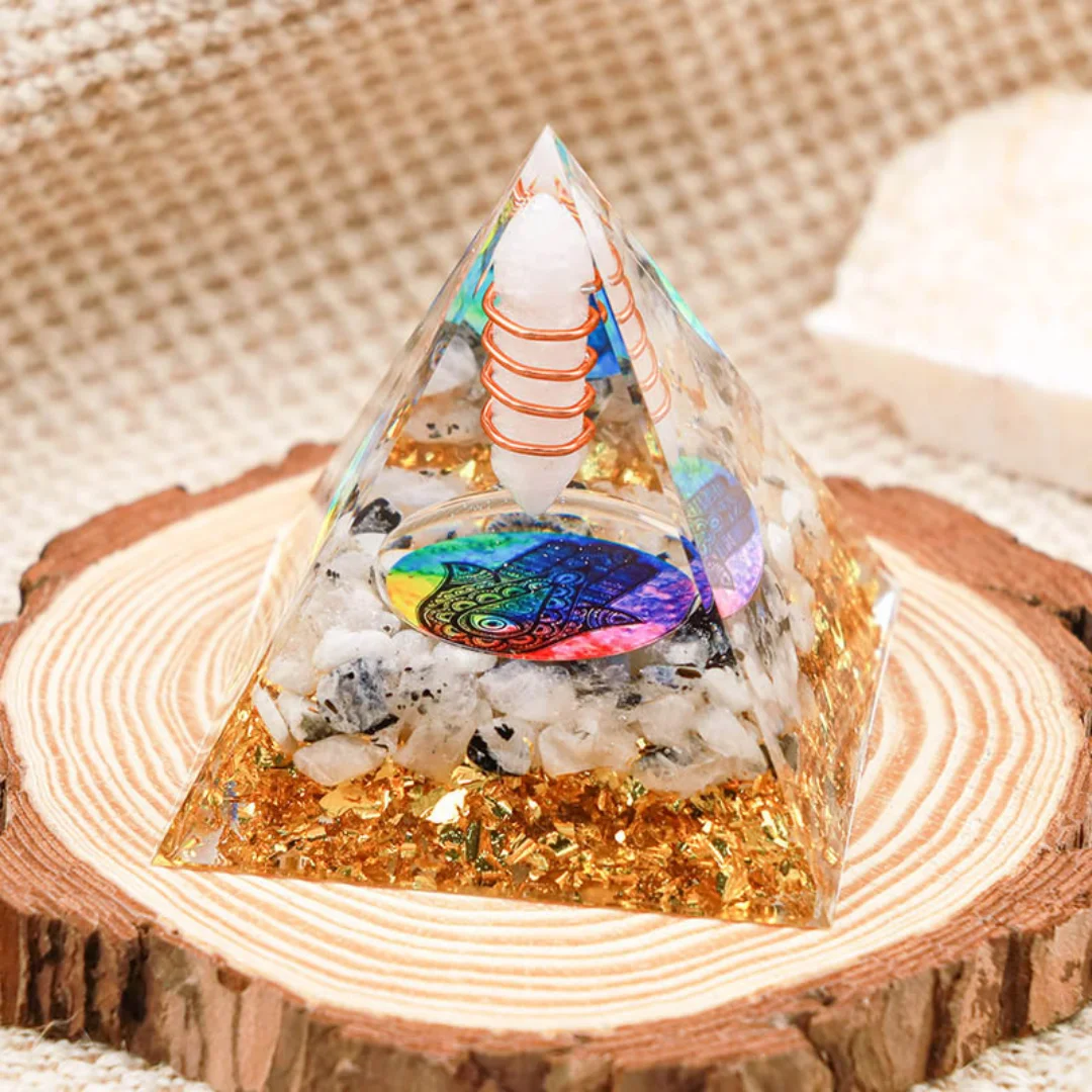 1pc Small Orgone Pyramid with Tiger's Eye Stones, Pyramid Ornament Statue Gravel Resin, Home Desktop Handmade Ornaments