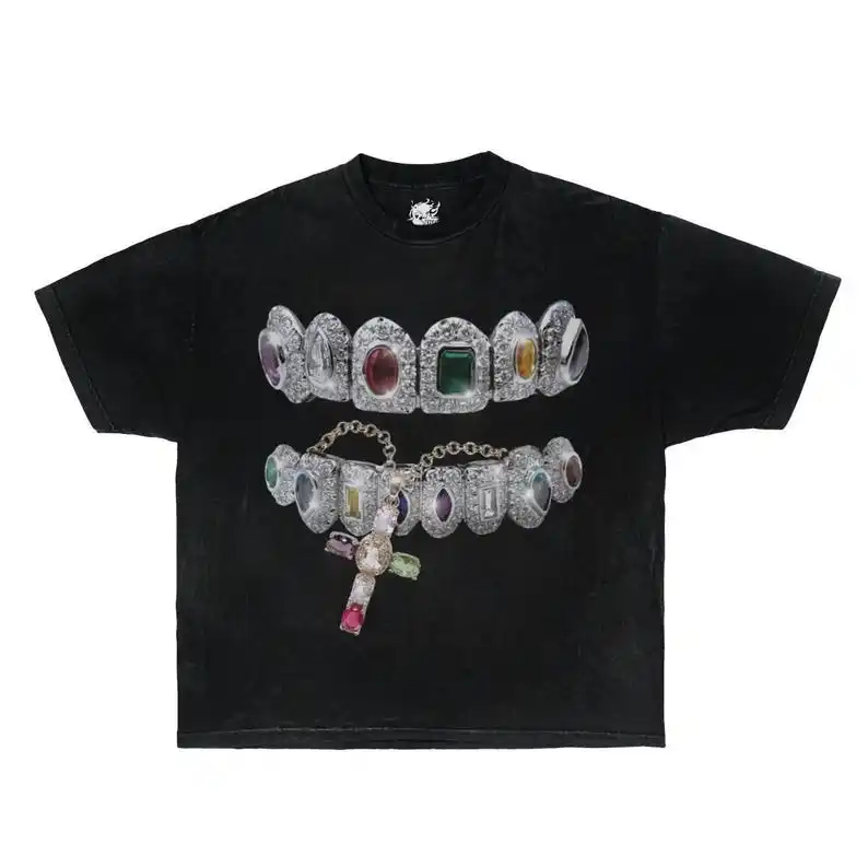 Grillz Cross Chain Garment-Dyed Boxy Tee Black Shirt Opium, y2k, fashion, streetwear, unisex, men, women, cotton, crew neck, y2k