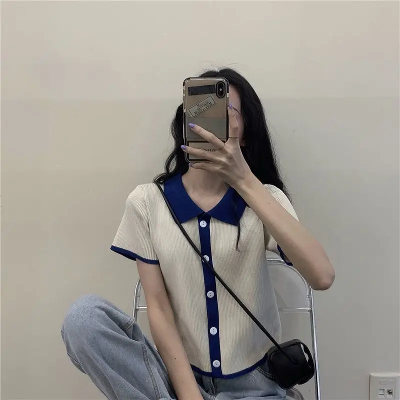Color Block Hong Kong Style College Preppy Short Sleeve Knitted Open Cardigan Women's Summer 2024 Student Casual  Shirt
