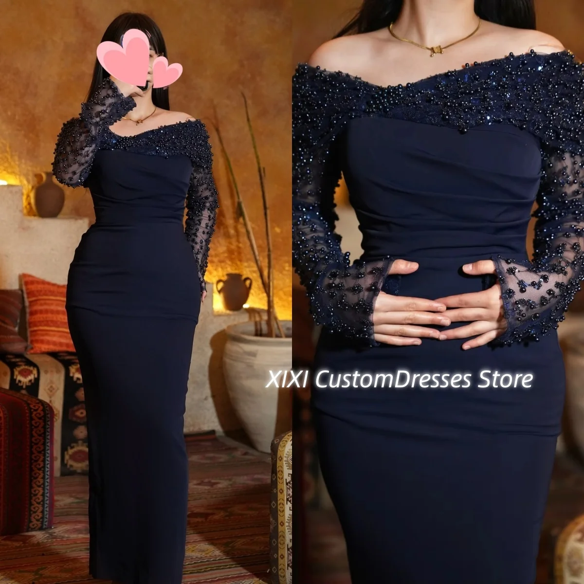 

فساتين سهرات Customize Off-The-Shoulder Mermaid Floor-Length Beadings Women'S Evening Dresses Zipper Up Long Sleeves Formal Occa