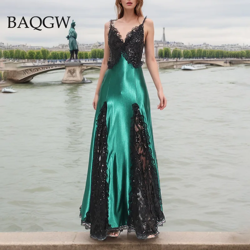 

Summer Sleeveless Lace Patchwork Luxury Green Stain Dresses for Women Spaghetti Strap Deep V Neck Evening Party Long Dress