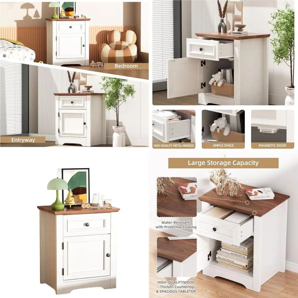 

Farmhouse-Style Drawer Nightstand with Barn Door, Wooden Storage Bedside Table for Bedroom and Living Room, Suitable for Small S