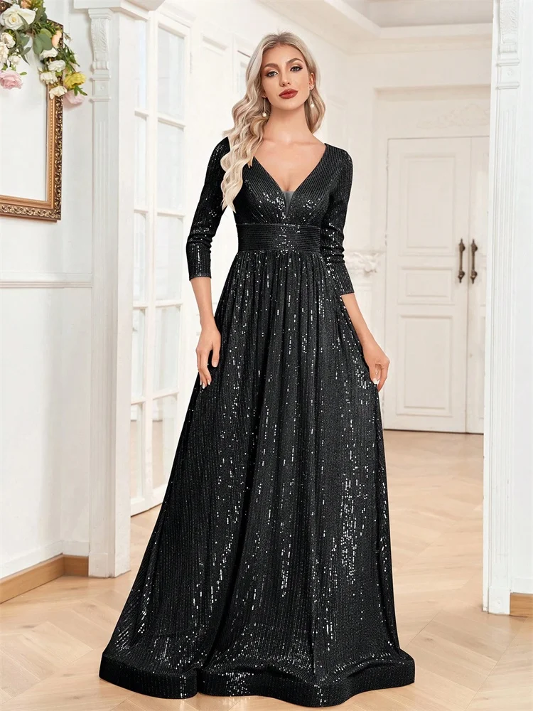 Luxury V Neck Long Sleeves Blue Sequins Formal Evening Dress Women 2025 Wedding Party Prom Maxi Cocktail Dress Gowns