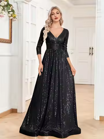Luxury V Neck Long Sleeves Blue Sequins Formal Evening Dress Women 2025 Wedding Party Prom Maxi Cocktail Dress Gowns