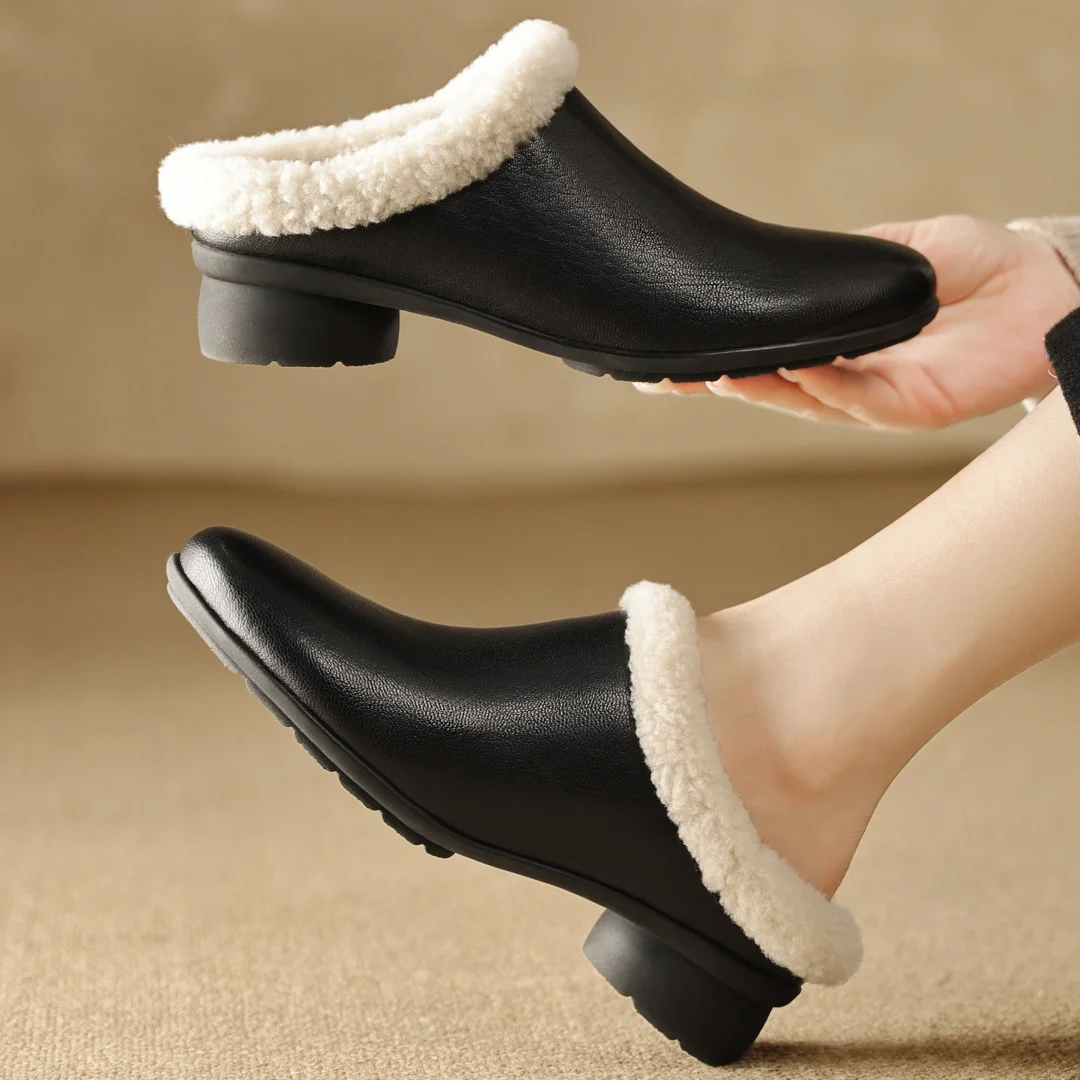 

Danxuefei женские шерстяные шлепанцы с круглым носком внутри, зимние теплые шлепанцы высокого качества, мягкие удобные шлепанцы на низком каблуке 3 см 40