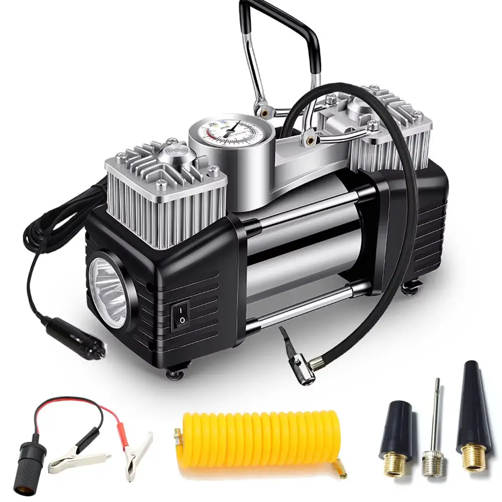 

12V Double-cylinder Tire Inflator with Pressure Gauge Poric Car Metal Air Injector DC Mini Car Compressor Bicycle Pump Camping