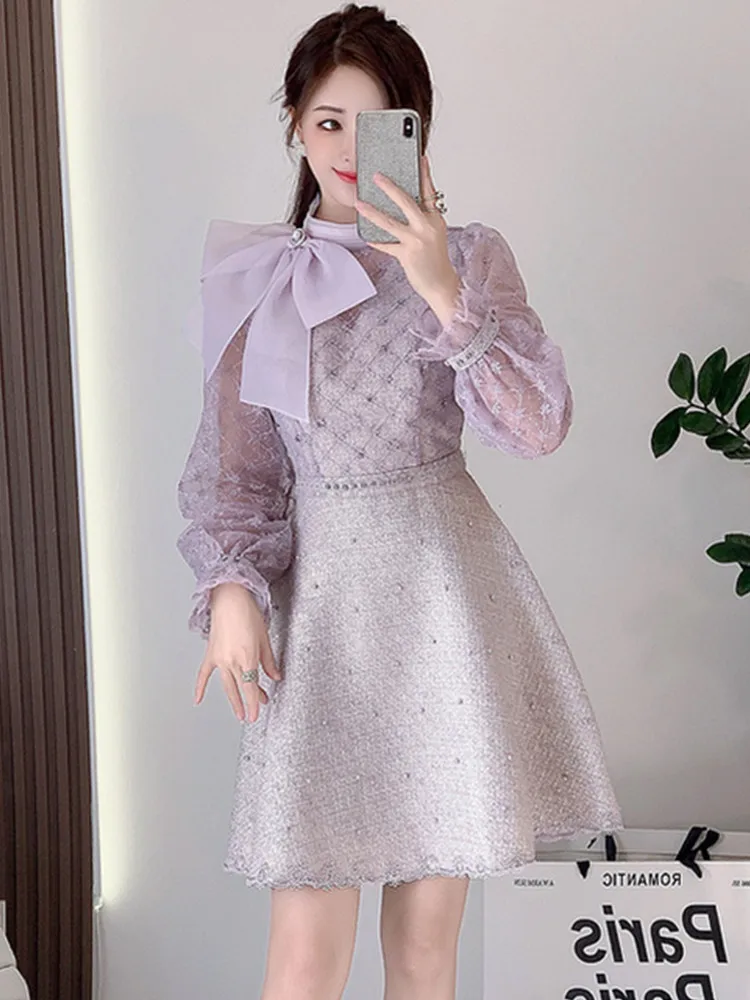 

Korean Elegance Dress 2024 New Autumn Bead Mesh Embroidered Bow Tie Dress For Women Long Sleeve Patchwork Tweed Dresses Vestidos