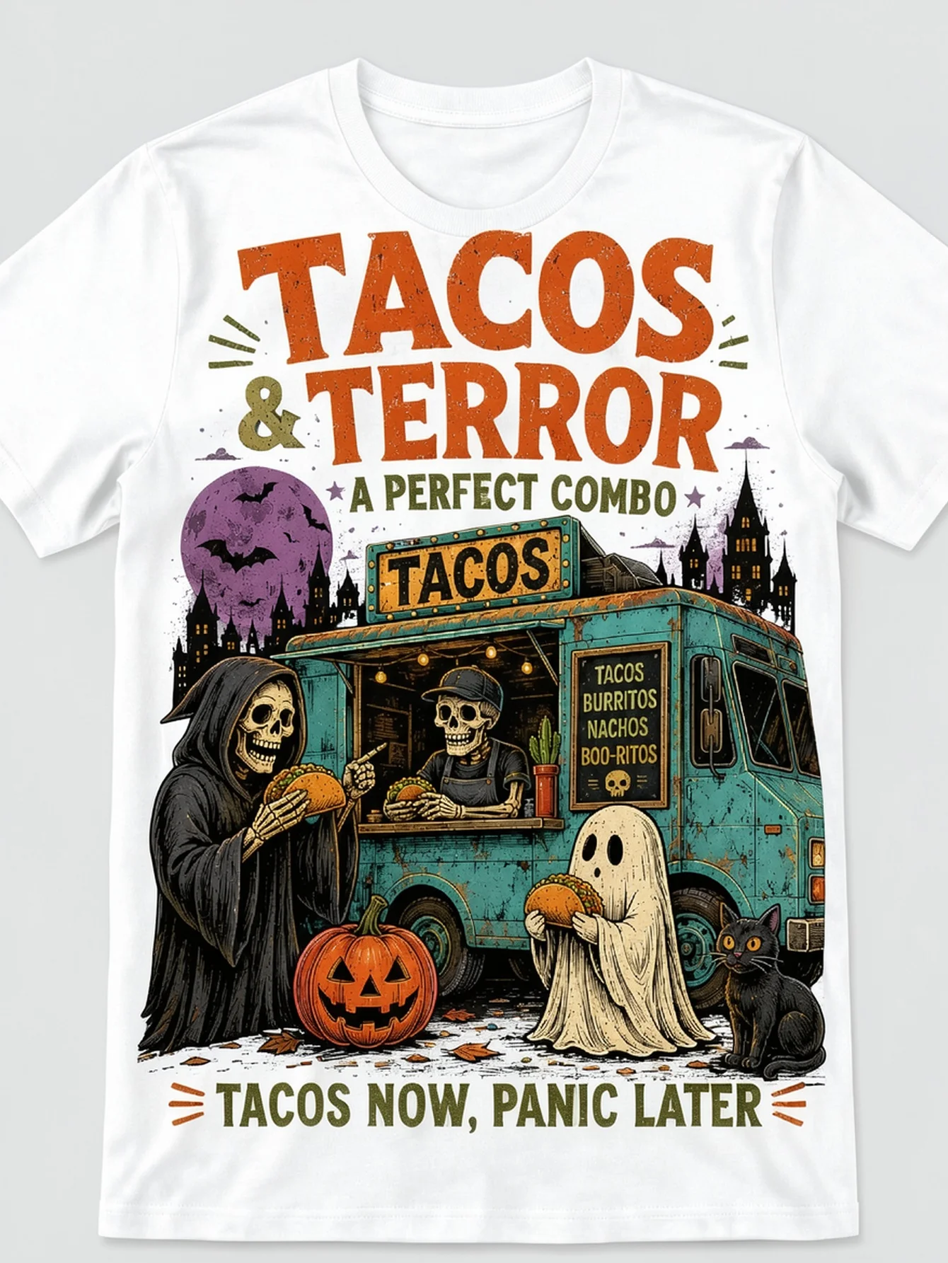 Unisex Halloween Tacos Terror Truck Classic Poster Style Short Sleeve Crew Neck T-Shirt Holiday Gift Halloween Pumpkin Family Gathering Style Thoughtful Present Everyday Graphic Top Relaxed Street Style