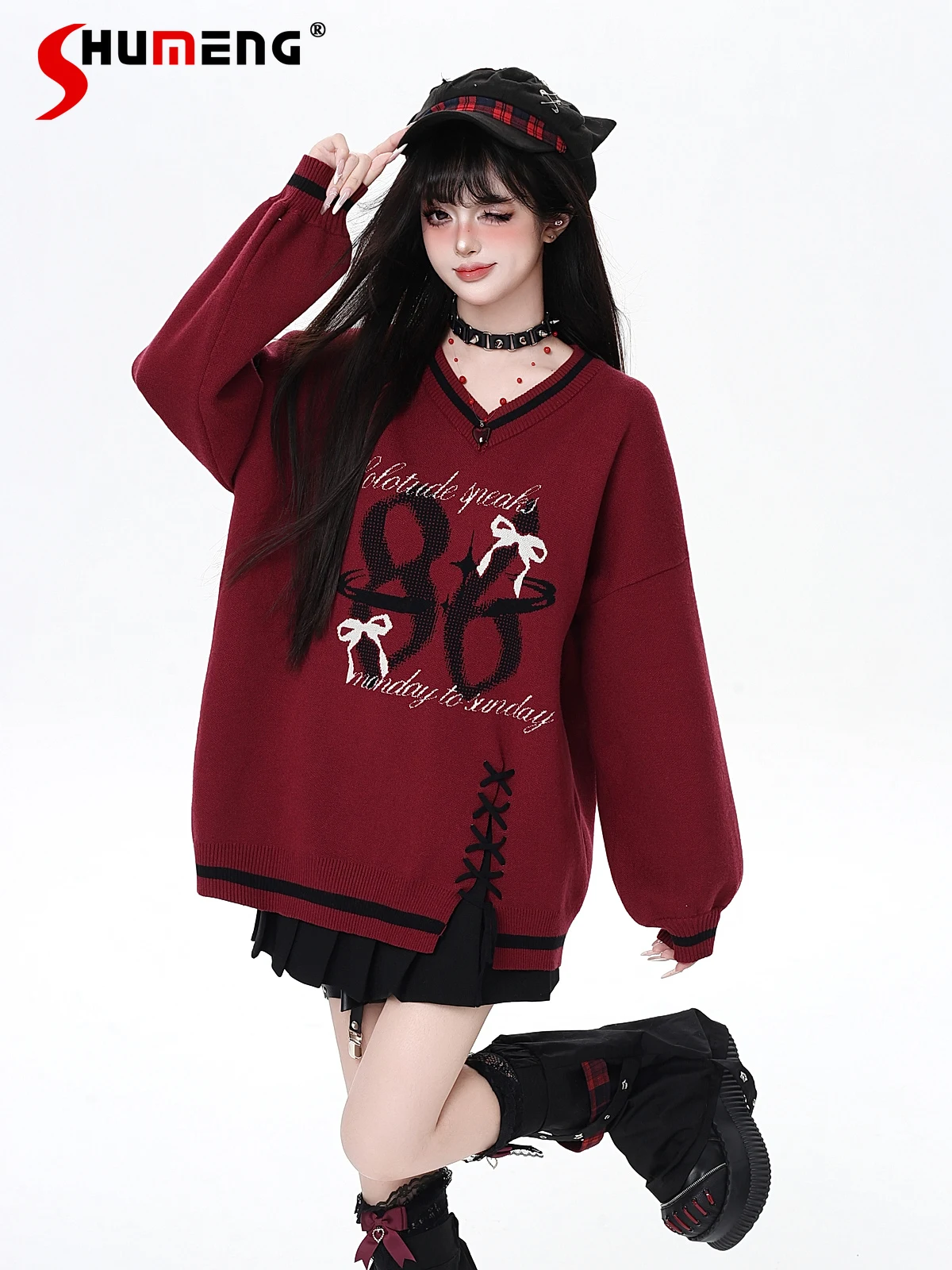 

Streetwear Sweet Cool Girl Pullover V-Neck Long Sleeve Digital Print Lace-up Loose Versatile Casual Knitted Sweater Women Autumn