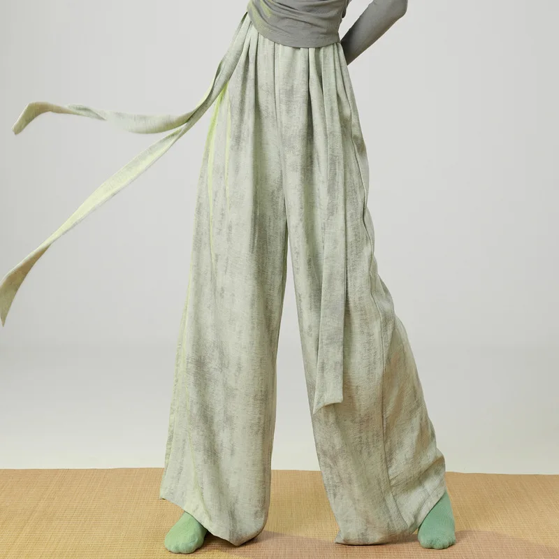 Women Classical Dance Pants Elegant Flowy Ribbon Modern Dance Practice Pant Casual Loose Wide Leg Lace-Up Tie-Dye Culottes Pants