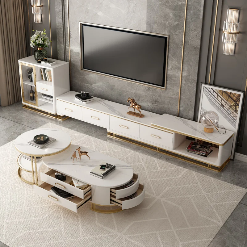 

Light luxury modern telescopic coffee table and TV cabinet combination, large unit, rock slab, small unit, living room