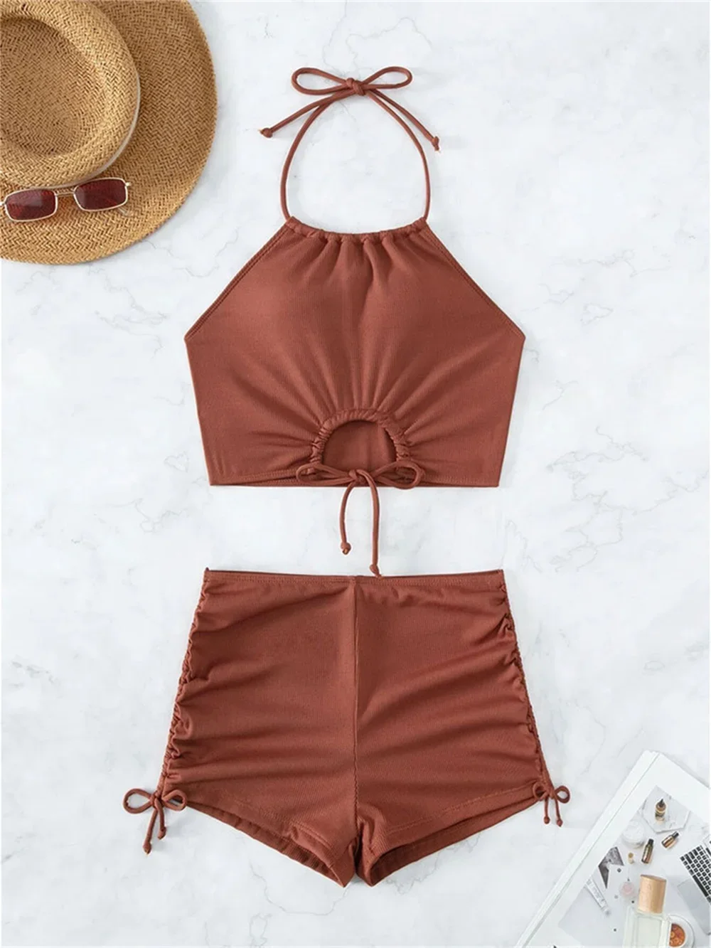 Spodenki ze sznurkiem Bikini Set Hollow Out Tankini strój kąpielowy prążkowane stroje kąpielowe damskie kąpielówki plażowe kostiumy kąpielowe Mayo Biquinis Feminino