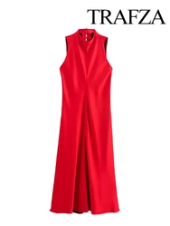 TRAFZA Women's Autumn Evening Dress French Elegant Slim Silk Satin Texture Dress Women's Solid Temperament Sleeveless Long Dress