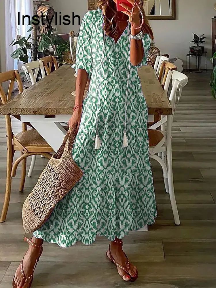 Women Elegant Boho Printing Long Dress Casual Half Sleeve V Neck Loose Maxi Dress Female Holiday Beach Sundress Vestidos