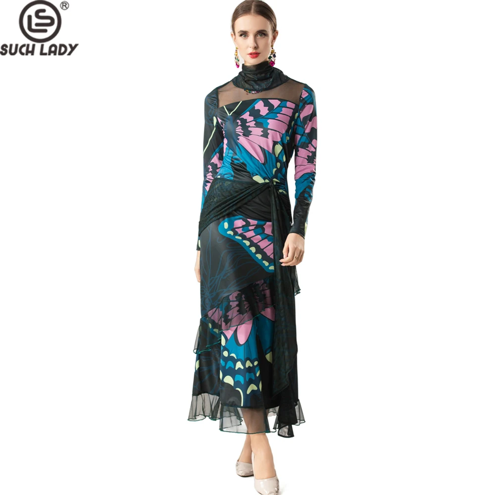 Women's Abstract Print Long Sleeve Maxi Dress, High Neck Gown with Ruched Waist & Sheer Mesh Detail, Asymmetrical Hem Vestidos