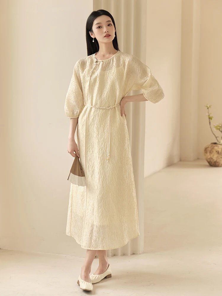 

New Chinese Style Yellow Acetate Embroidery Improved Dress Wind Dress Summer Women's Fashion Zen Tea Clothing
