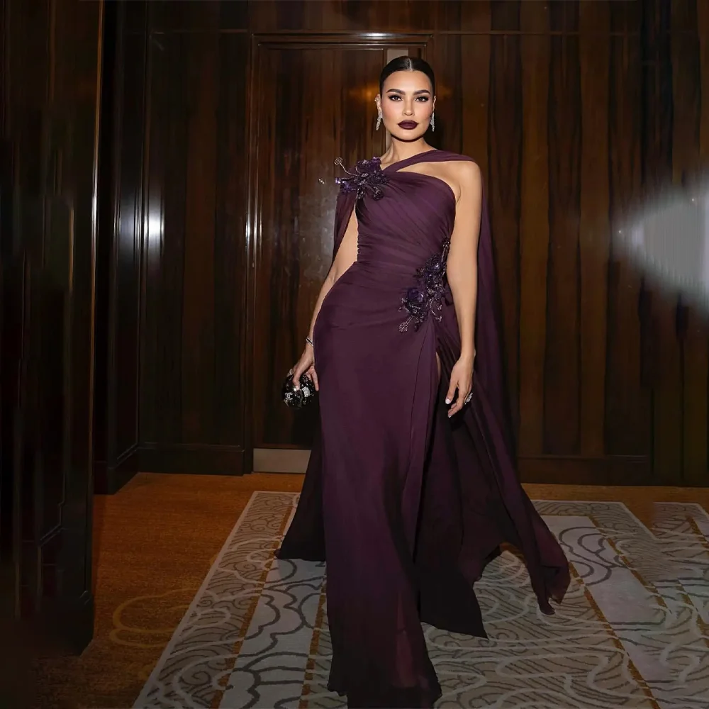 MANRUIXIN Customized Women Chiffon One Shoulder Evening Dress Beaded Applique Floor Length High Slit Formal Occasion Party Dress