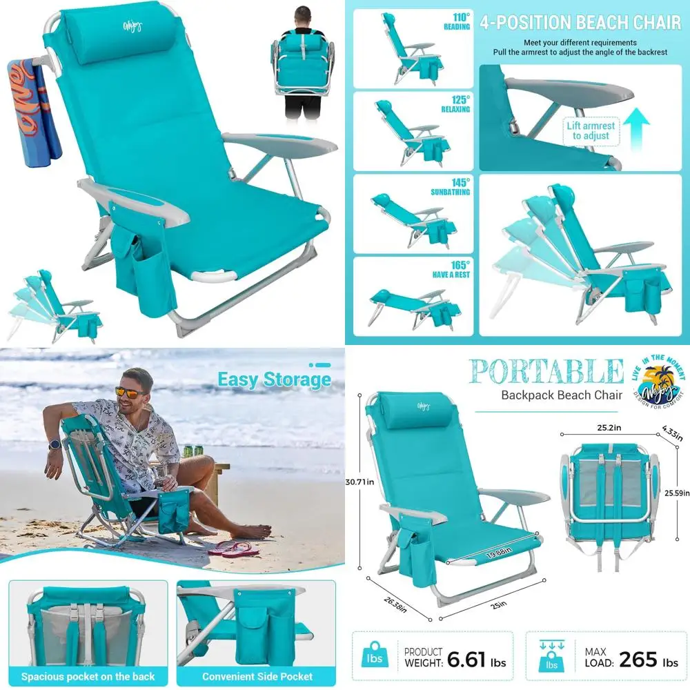 

Adults' 4-Position Aluminum Lightweight Folding Beach Chair with Low Sand Design and Cup Holder, Portable with Shoulder Strap