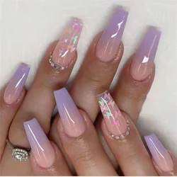 24pcs/set Butterfly Sequins Fake Nail Drill Long Ballet Nail Art Purple Wearing False Nails Removable Press on Nail Full Cover