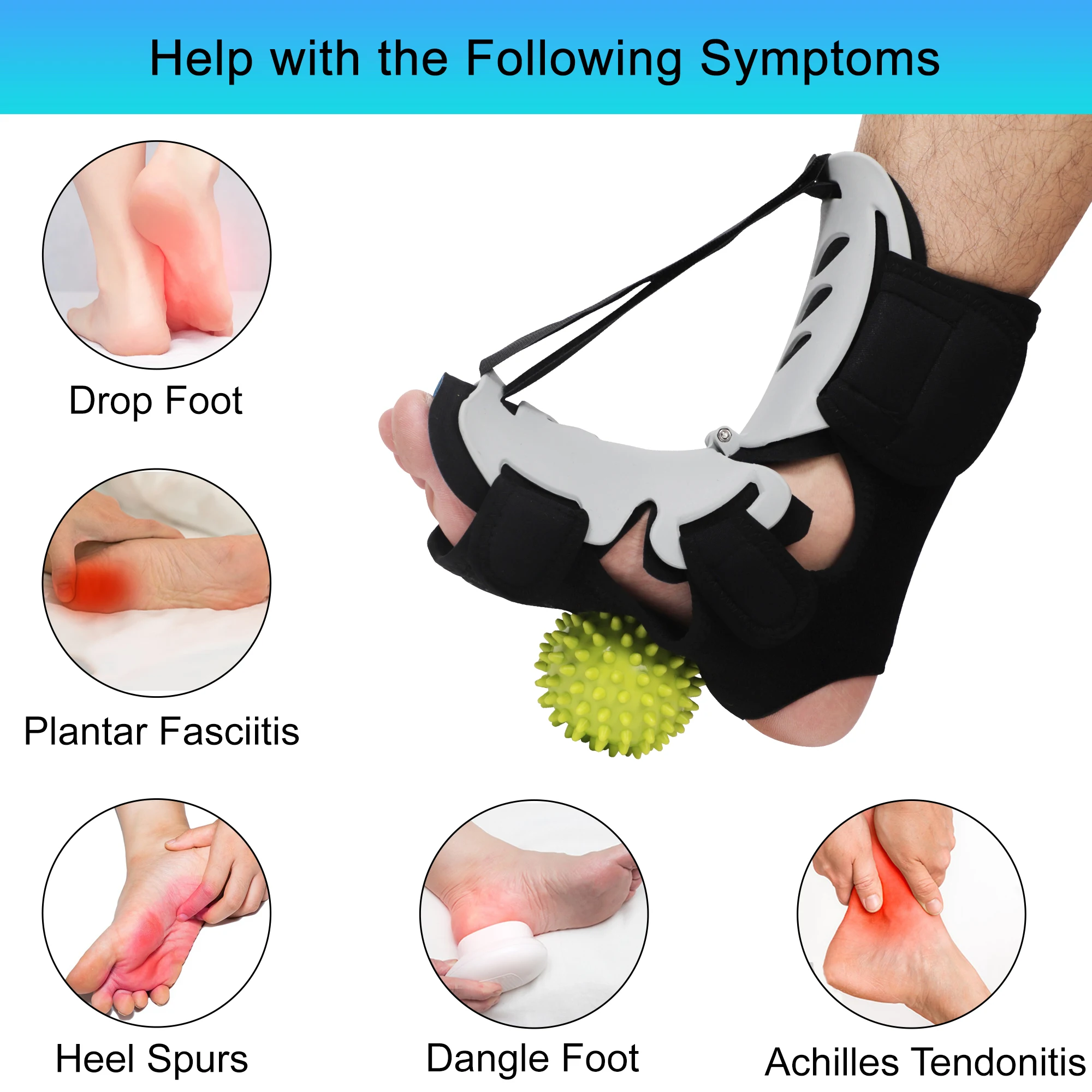 Plantar Fasciitis Night Splint with Hard Spiky Massage Ball for Foot Pain Relief by Achilles Tendonitis, Foot Drop - Women & Men