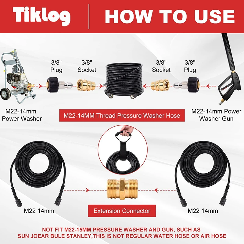 High Pressure Washer Hose 10/15/30M 3600 PSI, M22 14mm, Replacement Power Washer Hose Washer Adapter for Most Brands